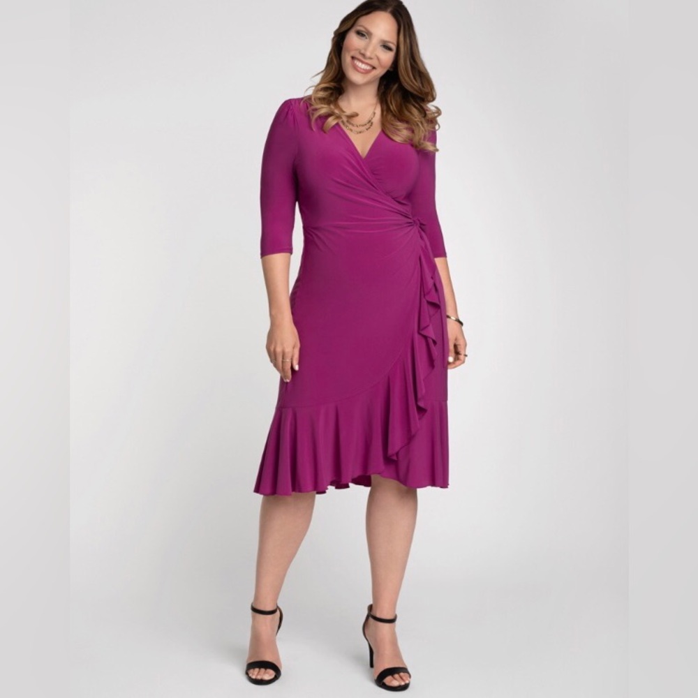 Kiyonna Whimsy Wrap Party Dress 3/4 Sleeve Nordstrom Magenta / Purple - 0X 10-12